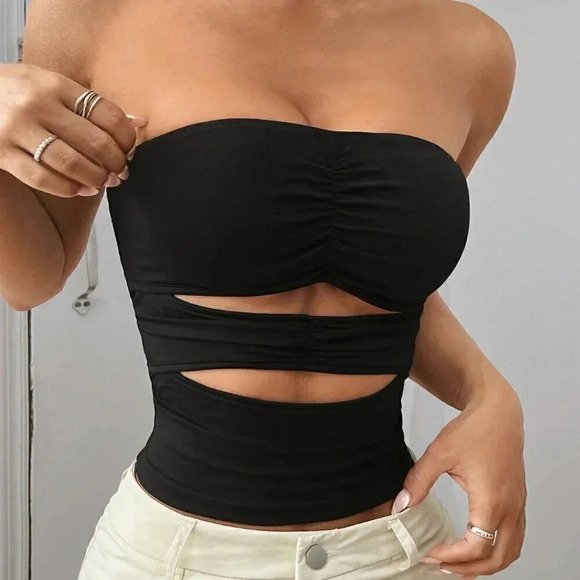Tops - Black Casual Women's Summer Strapless Wavy Hollow Out Slim Fit Top